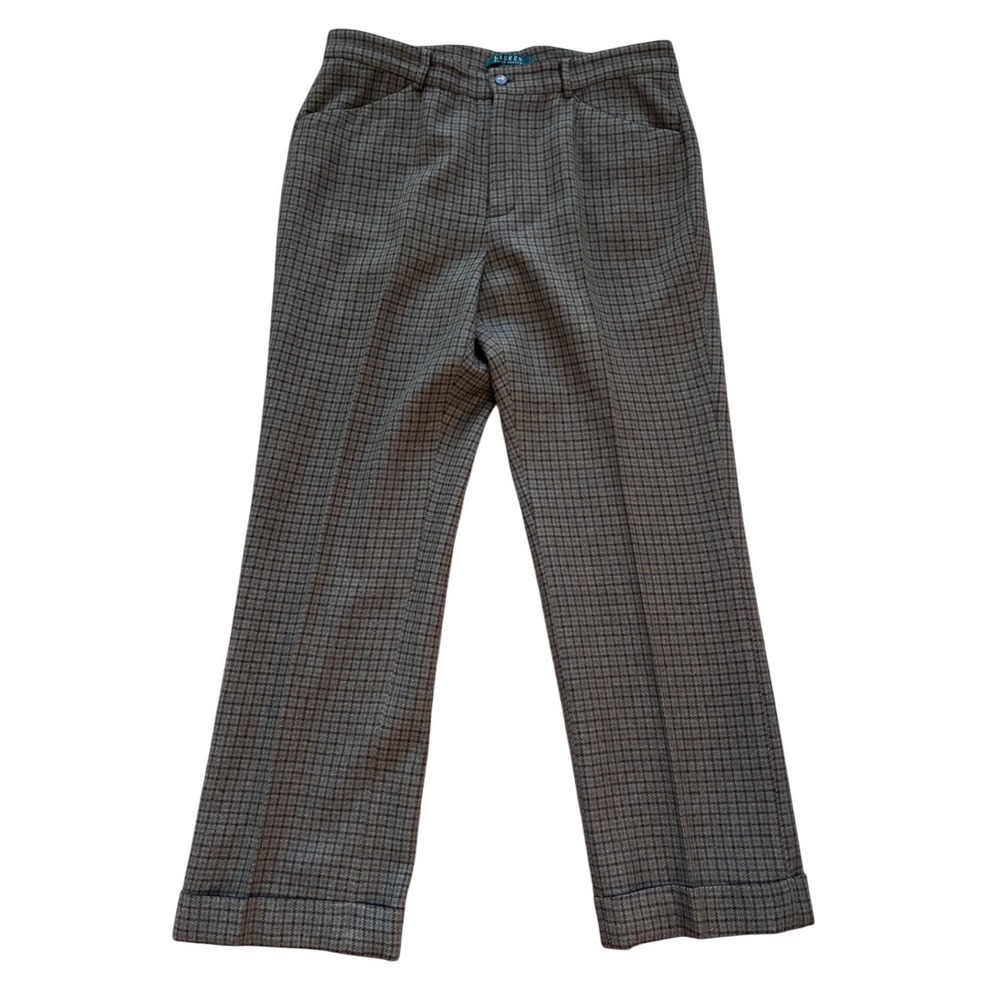 Lauren Ralph Lauren Brown Houndstooth Wool Tweed Trousers Cuffed Pants Womens 12